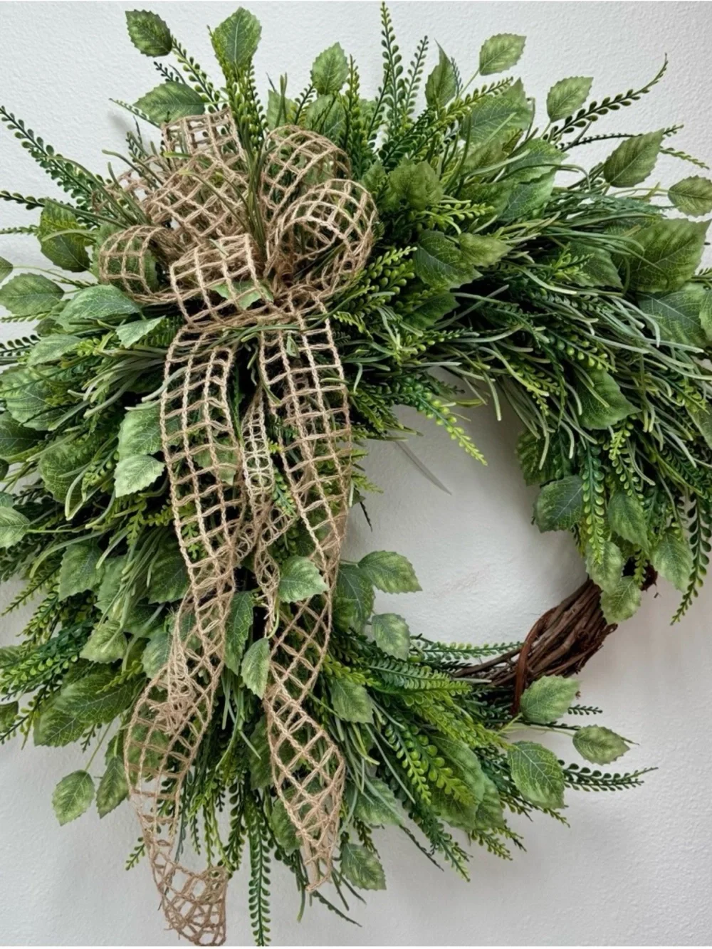 Year Round Wreath - Green Rustic Jute Bow Fern Wreath - Mother's Day